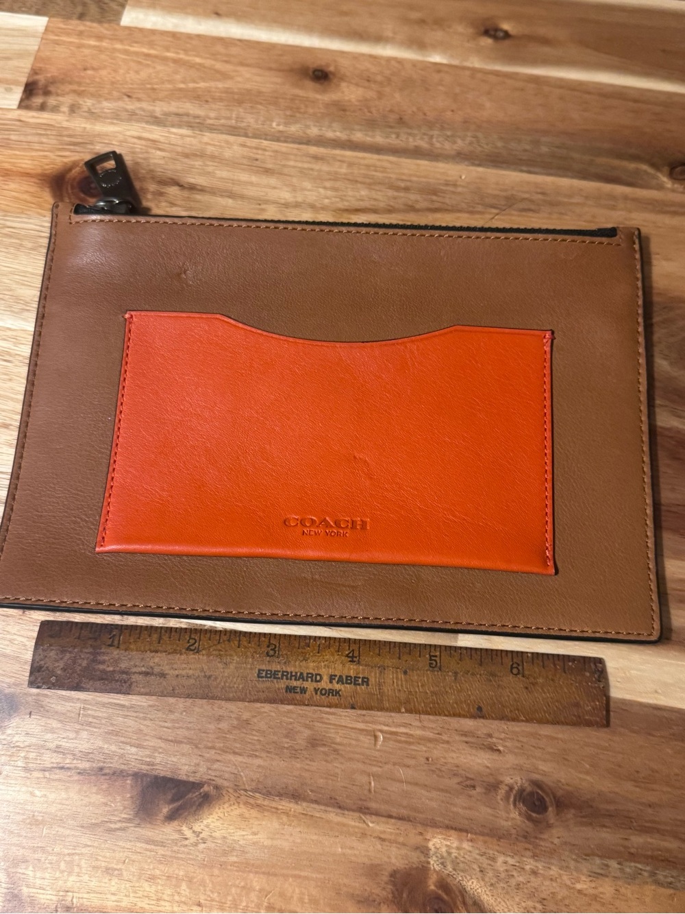 COACH Men’s Brown Leather Zip Pouch with Orange Card Pocket